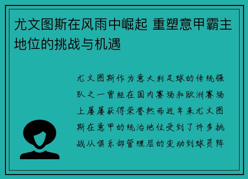 尤文图斯在风雨中崛起 重塑意甲霸主地位的挑战与机遇